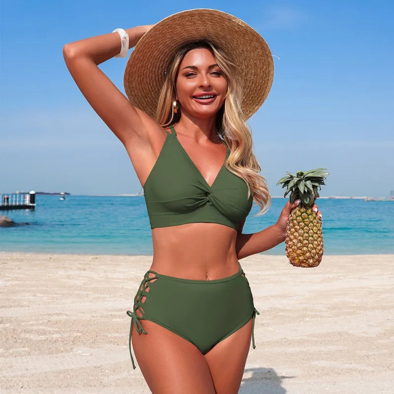 2026 Women High Waisted Bikini Set V Neck Criss Cross Back Swimwear Side Lace Up Cut Out Bathing Suit Summer Beach Pool Swimsuit