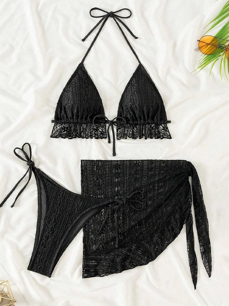 Women 3 Piece Lace Bikini Set Halter Triangle Swimsuit Bathing Suit With Hip Cover Up Beachwear Summer Swimwear Pool Party