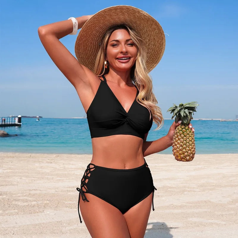 2026 Women High Waisted Bikini Set V Neck Criss Cross Back Swimwear Side Lace Up Cut Out Bathing Suit Summer Beach Pool Swimsuit
