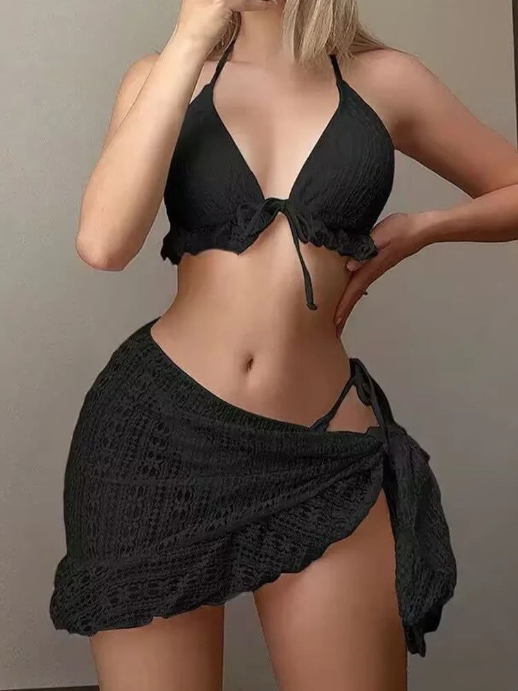 Women 3 Piece Lace Bikini Set Halter Triangle Swimsuit Bathing Suit With Hip Cover Up Beachwear Summer Swimwear Pool Party
