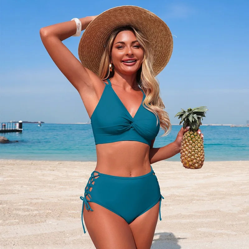 2026 Women High Waisted Bikini Set V Neck Criss Cross Back Swimwear Side Lace Up Cut Out Bathing Suit Summer Beach Pool Swimsuit
