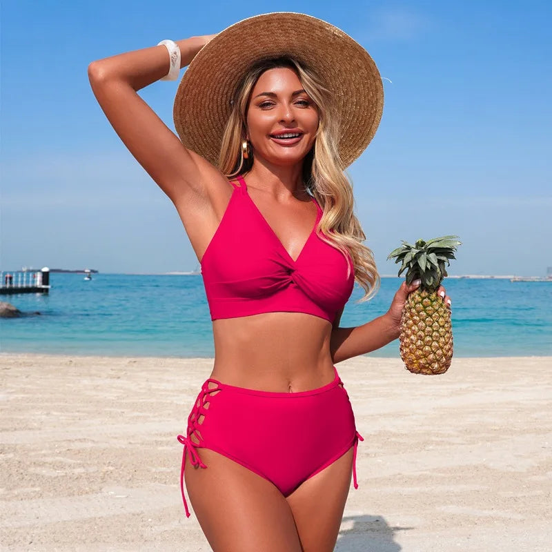 2026 Women High Waisted Bikini Set V Neck Criss Cross Back Swimwear Side Lace Up Cut Out Bathing Suit Summer Beach Pool Swimsuit
