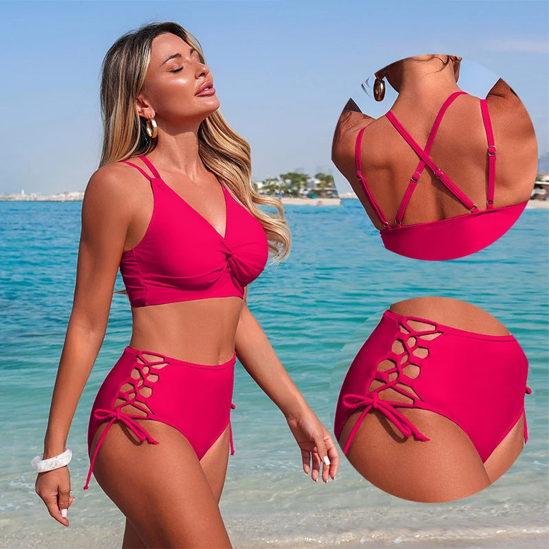2026 Women High Waisted Bikini Set V Neck Criss Cross Back Swimwear Side Lace Up Cut Out Bathing Suit Summer Beach Pool Swimsuit