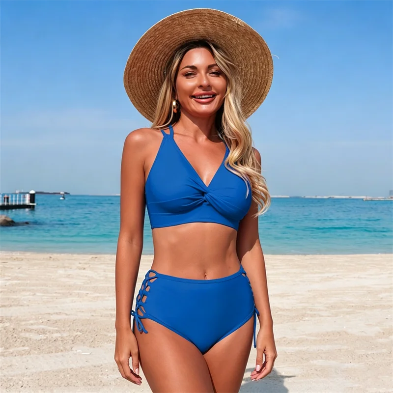 2026 Women High Waisted Bikini Set V Neck Criss Cross Back Swimwear Side Lace Up Cut Out Bathing Suit Summer Beach Pool Swimsuit